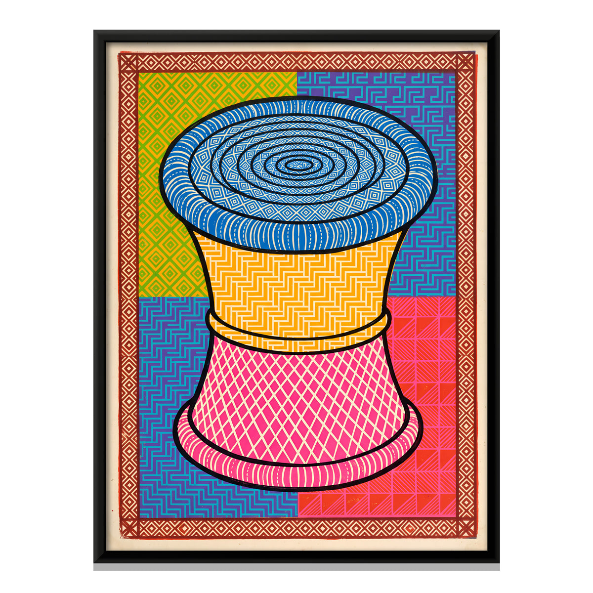 Woven Cane Stool - framed canvas print, front view