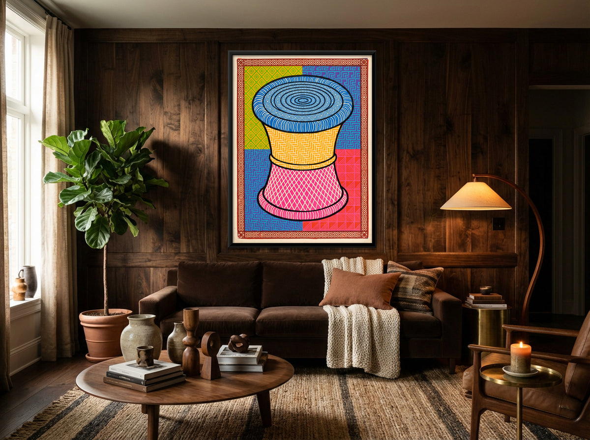 Woven Cane Stool - canvas art shown in a styled room