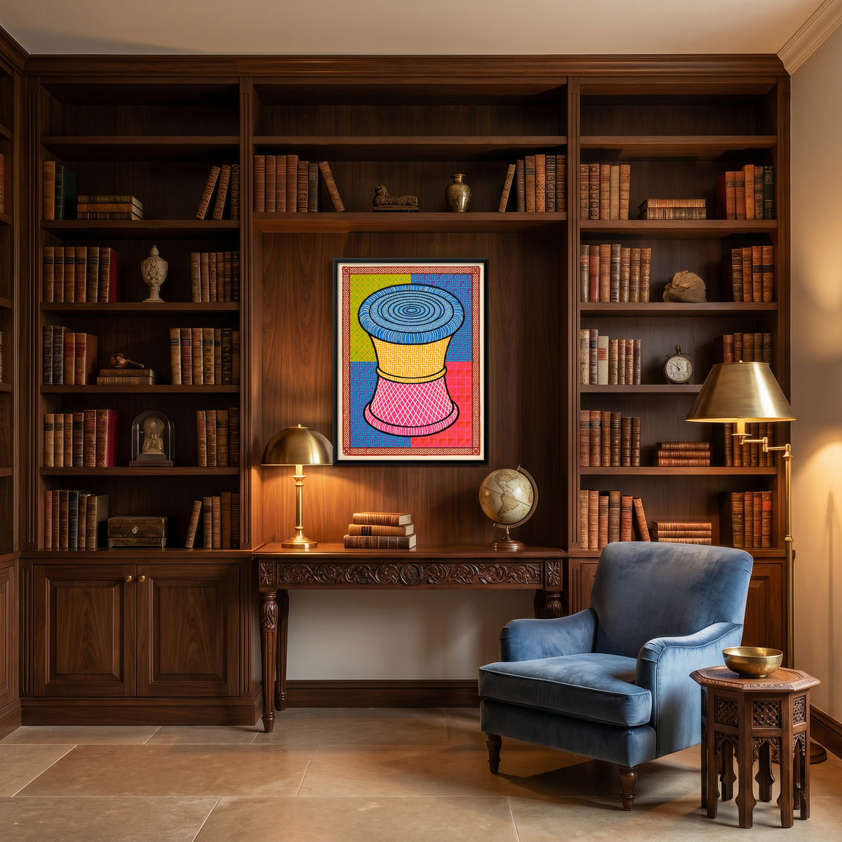 Woven Cane Stool - canvas art shown in a second room setting