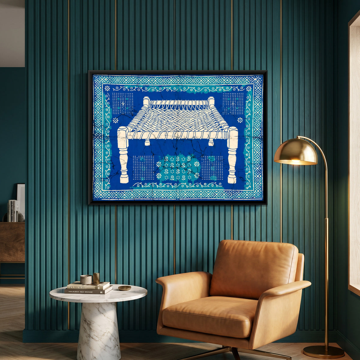 Charpai Rope Cot - canvas art shown in a styled room
