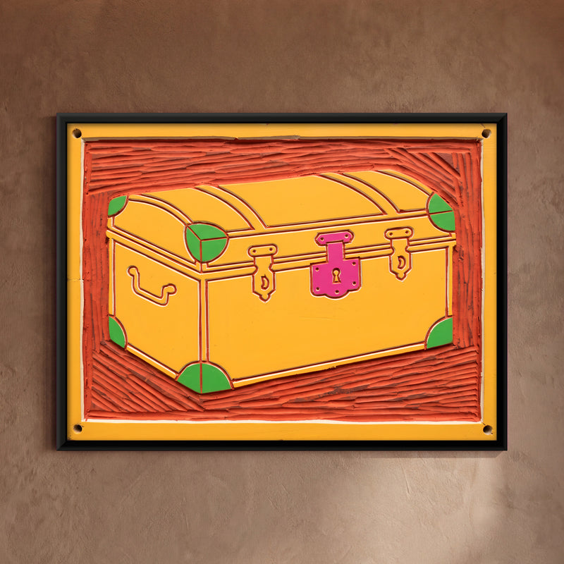 Yellow Travel Trunk - framed canvas art hung on a wall