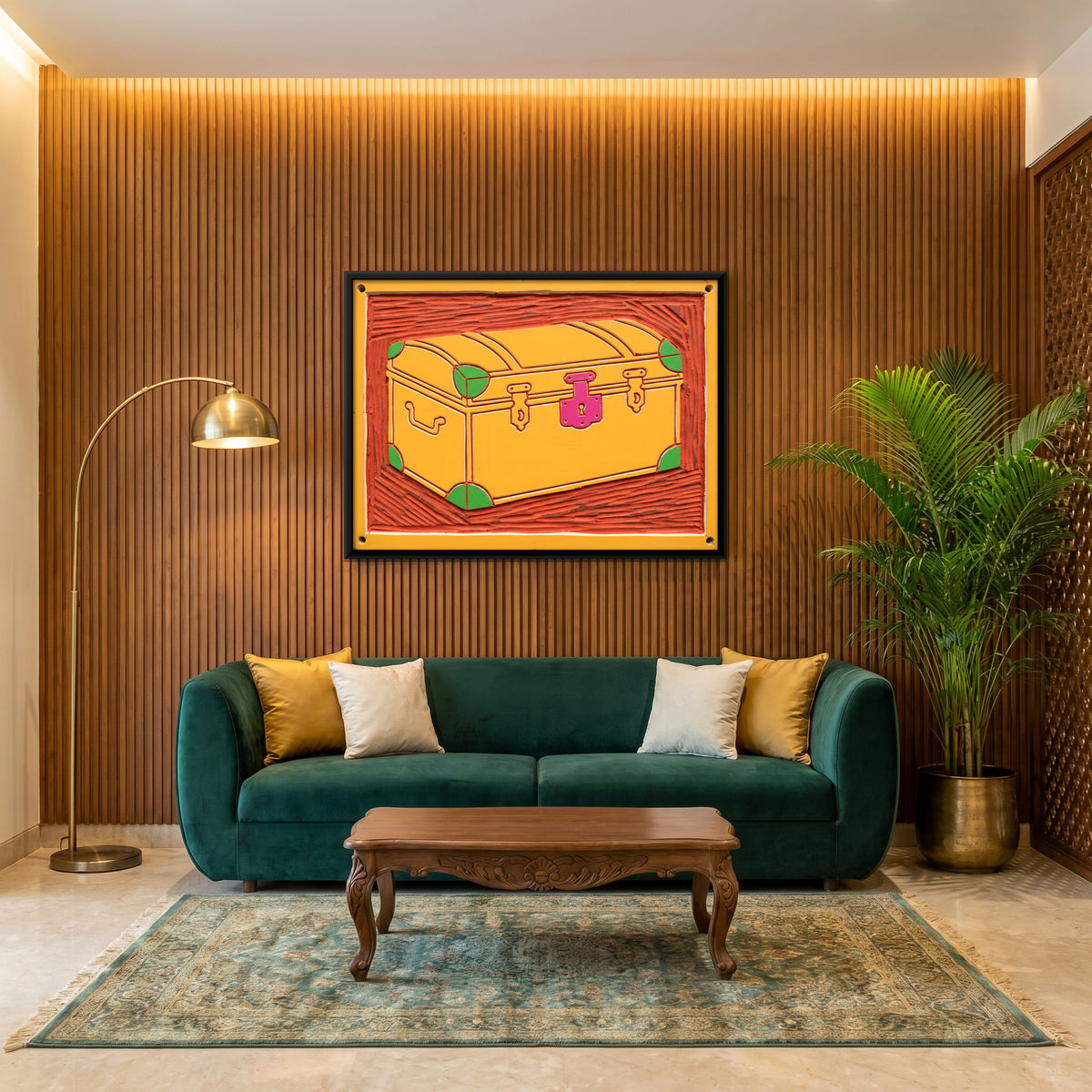 Yellow Travel Trunk - canvas art shown in a styled room