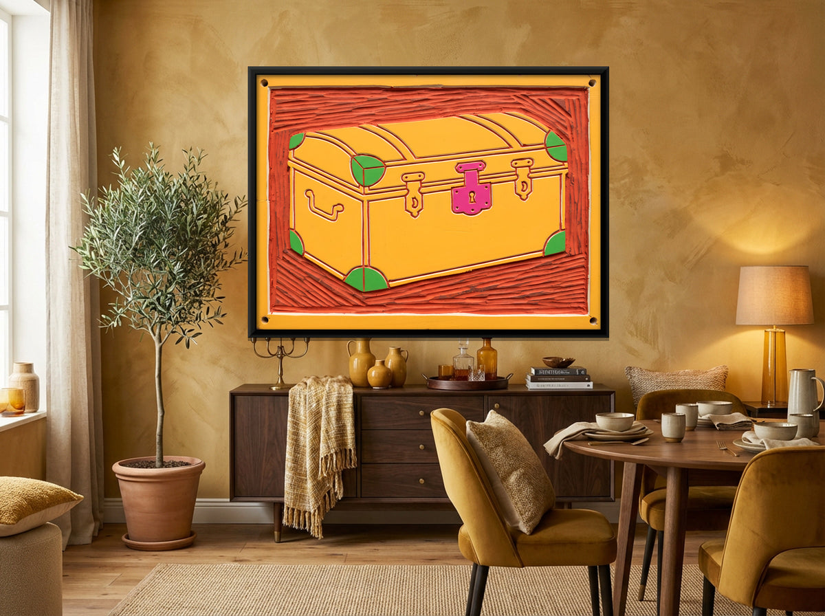 Yellow Travel Trunk - canvas art shown in a second room setting
