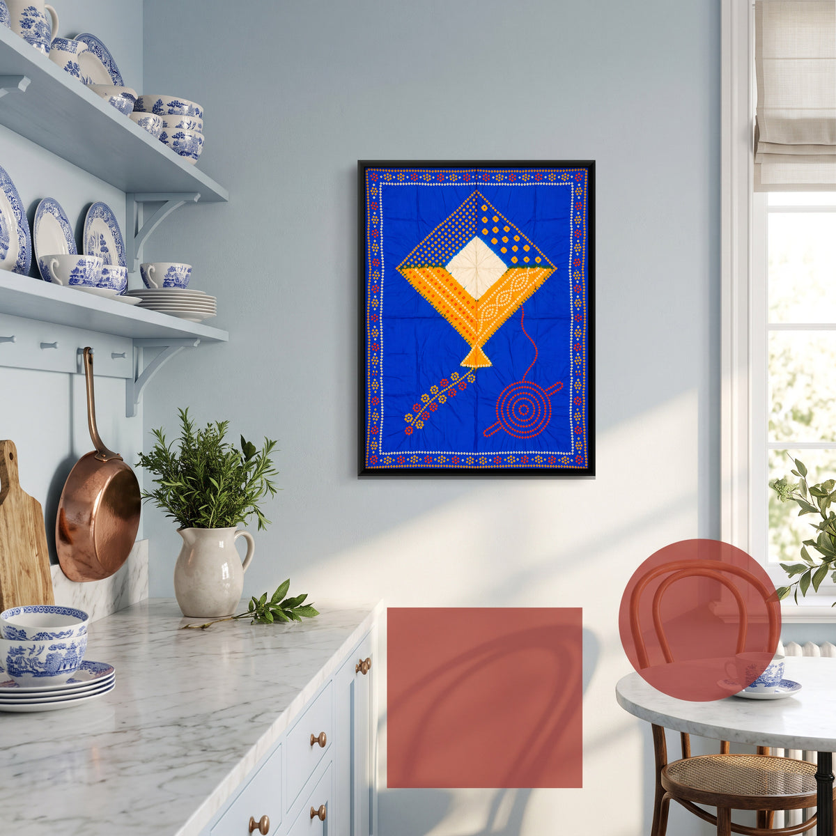 Kite and Thread Spool - canvas art shown in a second room setting