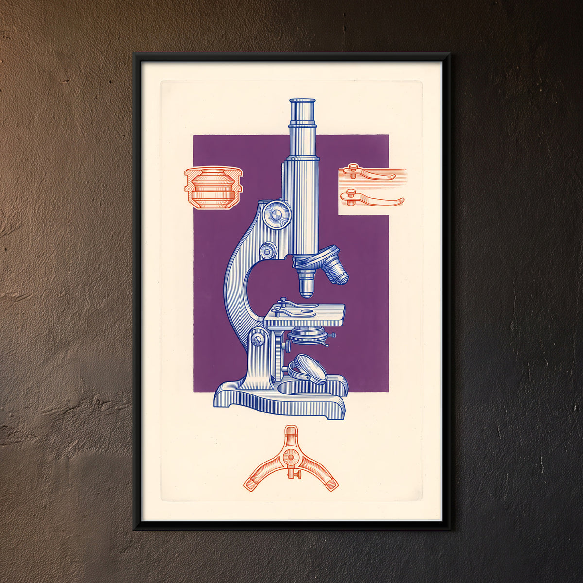 Vintage Microscope - framed canvas art hung on a wall