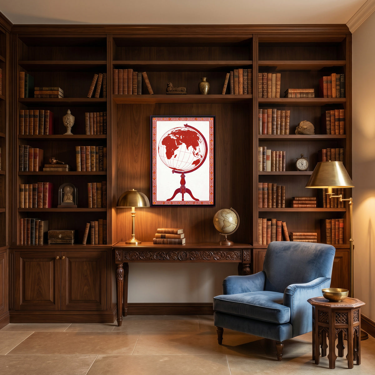 Vintage Desk Globe - canvas art shown in a styled room