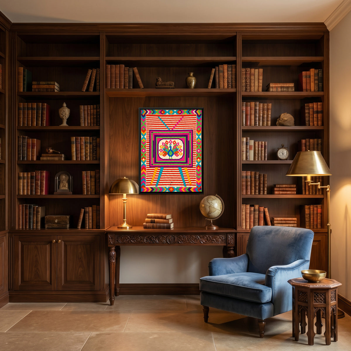 Television Set with Peacock - canvas art shown in a styled room