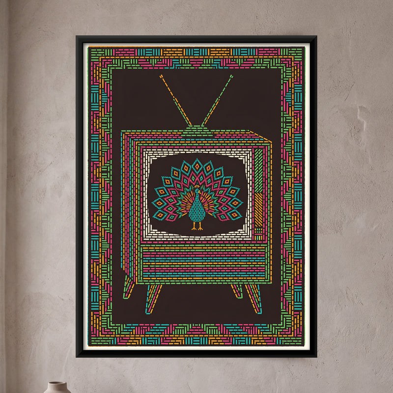 Vintage Television with Peacock - framed canvas art hung on a wall