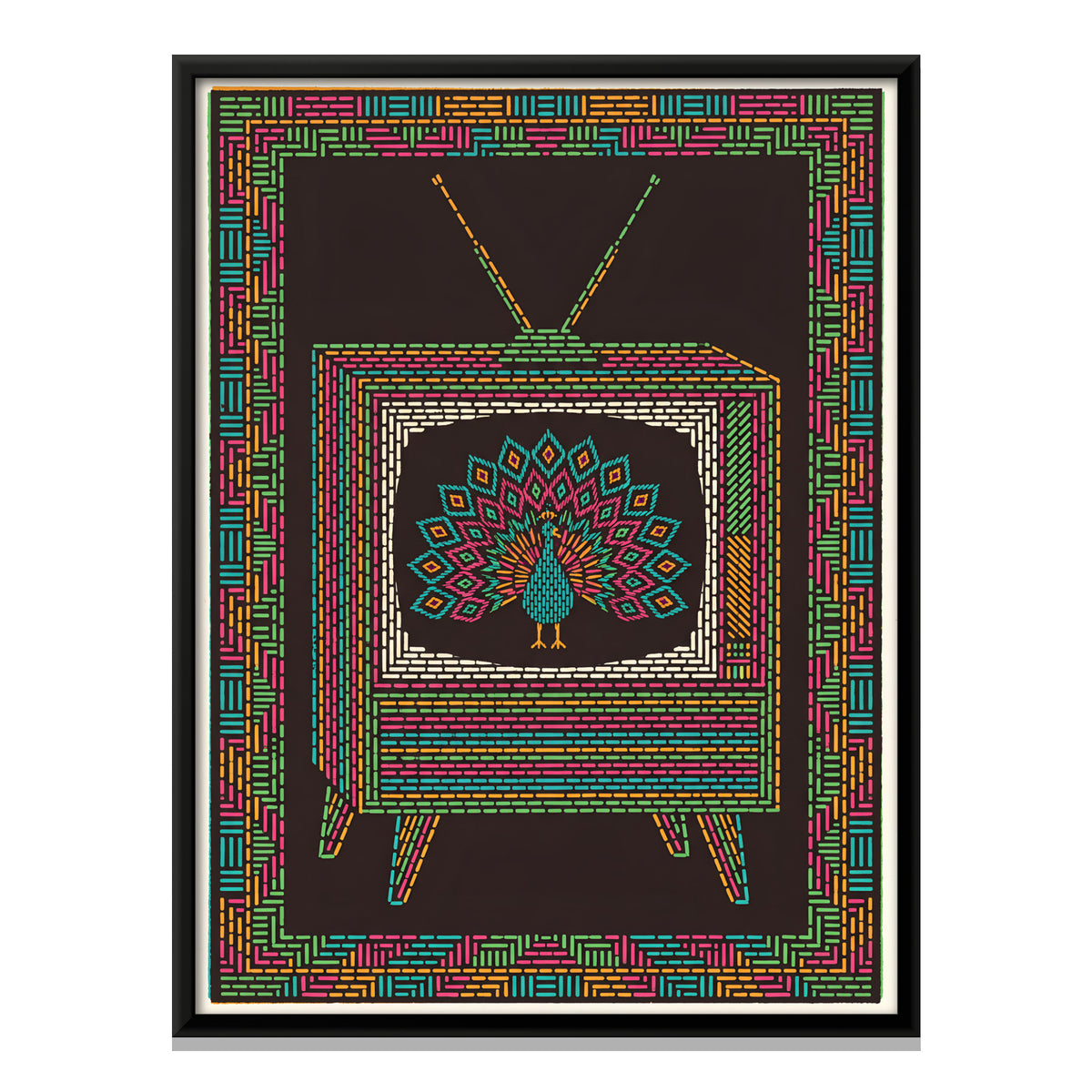 Vintage Television with Peacock - framed canvas print, front view