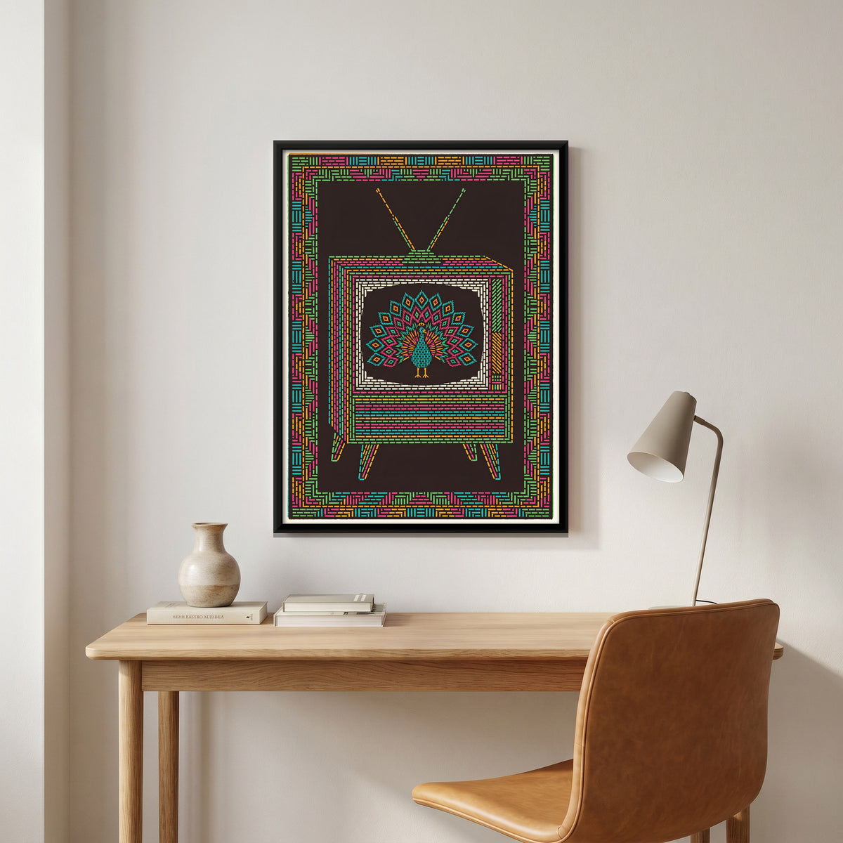 Vintage Television with Peacock - canvas art shown in a styled room