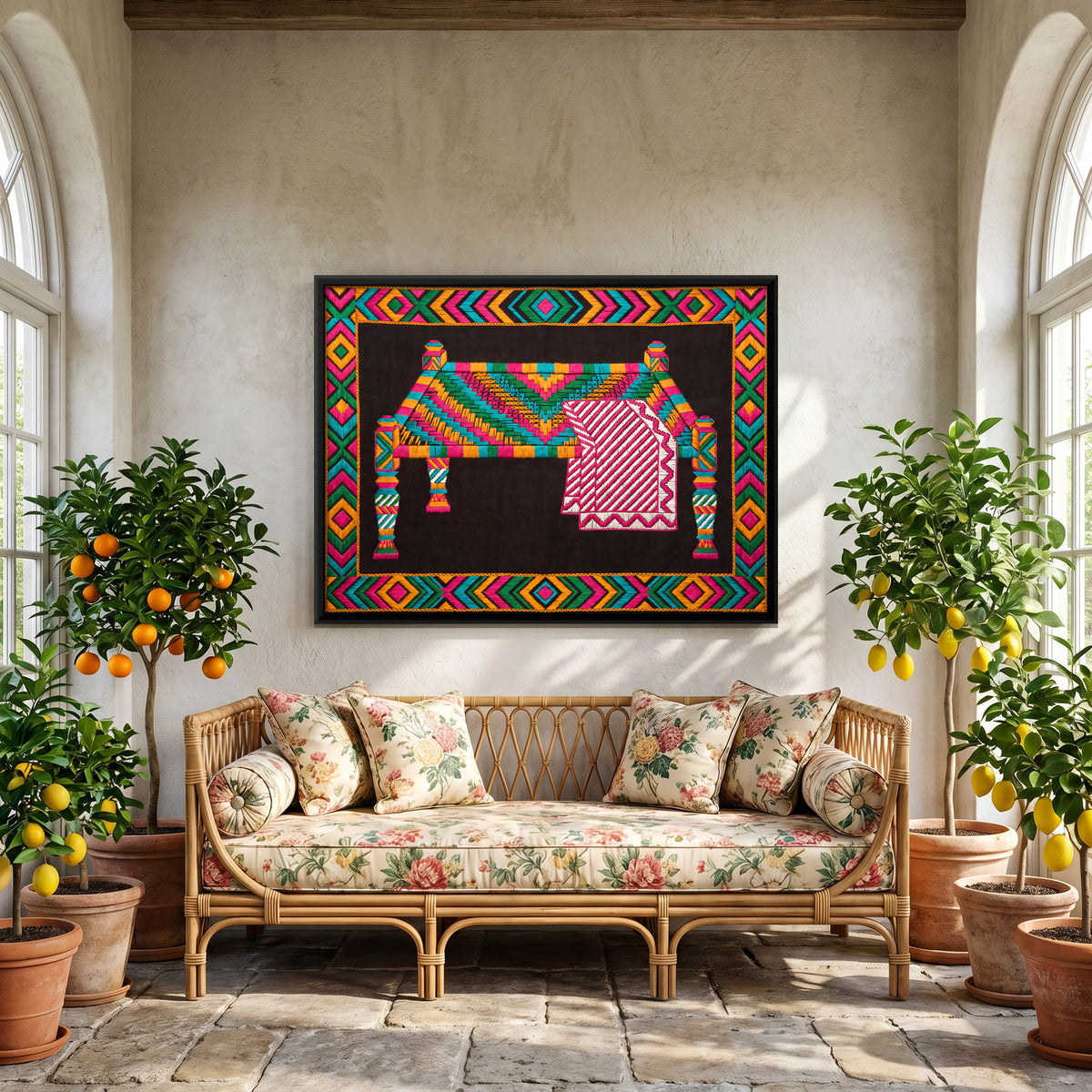 Charpai with Quilt - canvas art shown in a styled room