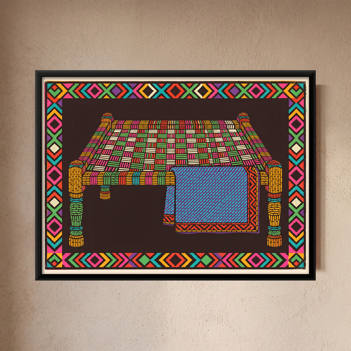 Charpai Cot with Quilt - framed canvas art hung on a wall