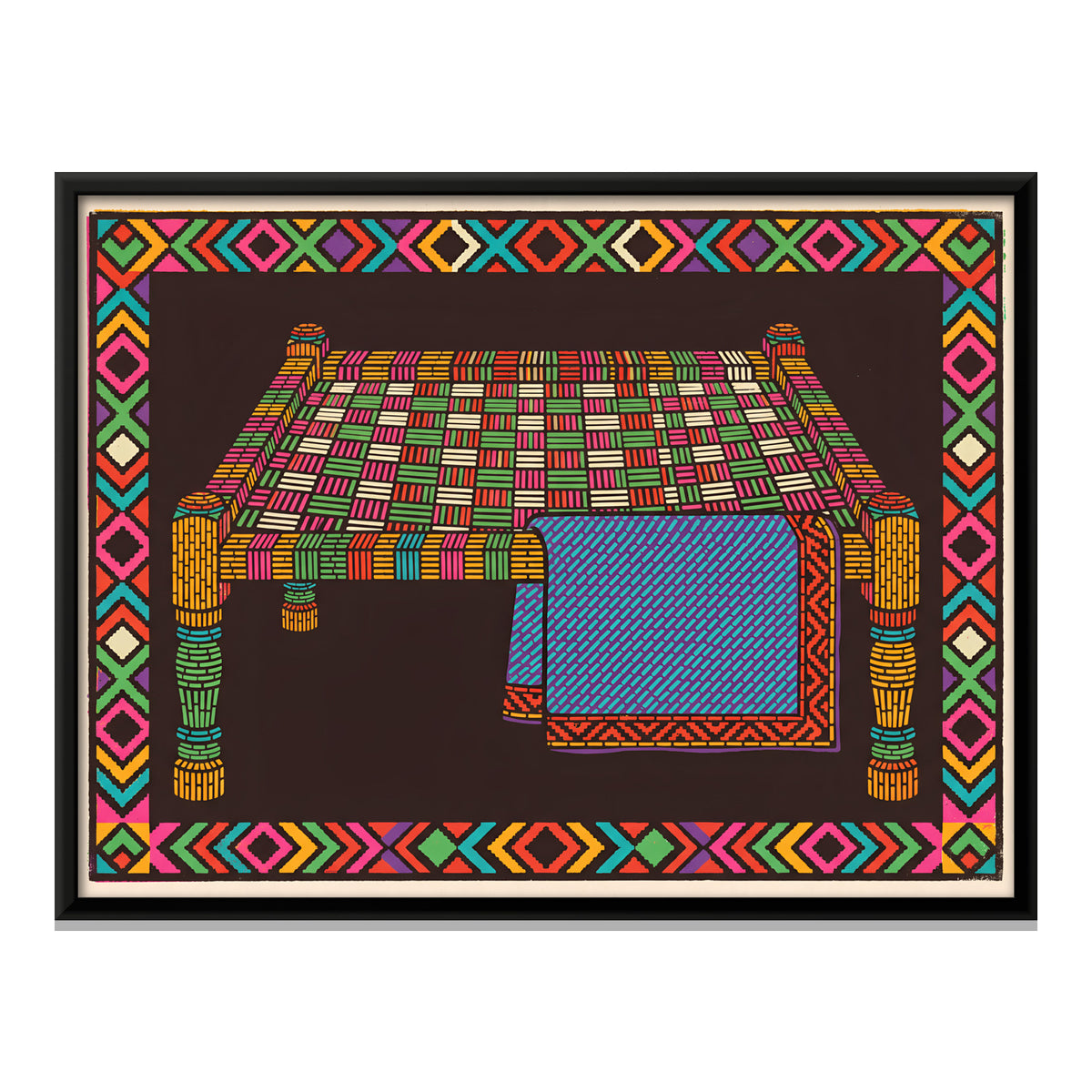 Charpai Cot with Quilt - framed canvas print, front view