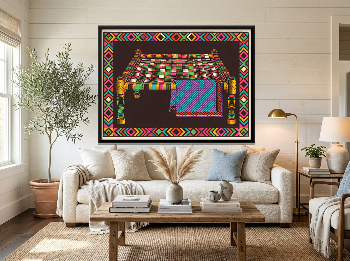 Charpai Cot with Quilt - canvas art shown in a styled room