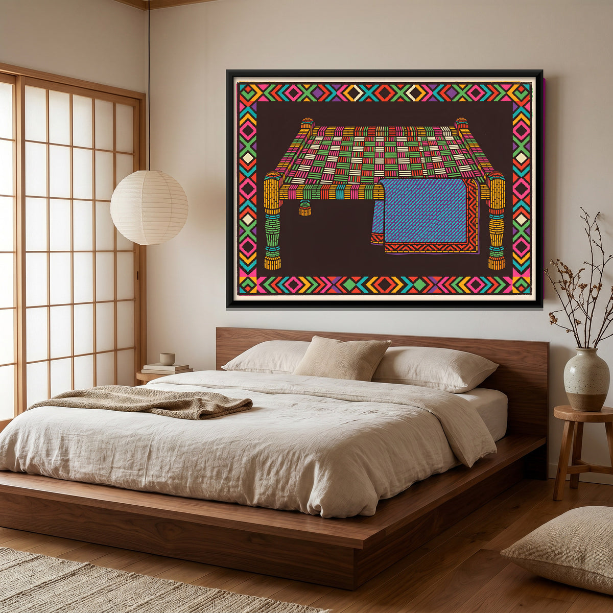 Charpai Cot with Quilt - canvas art shown in a second room setting