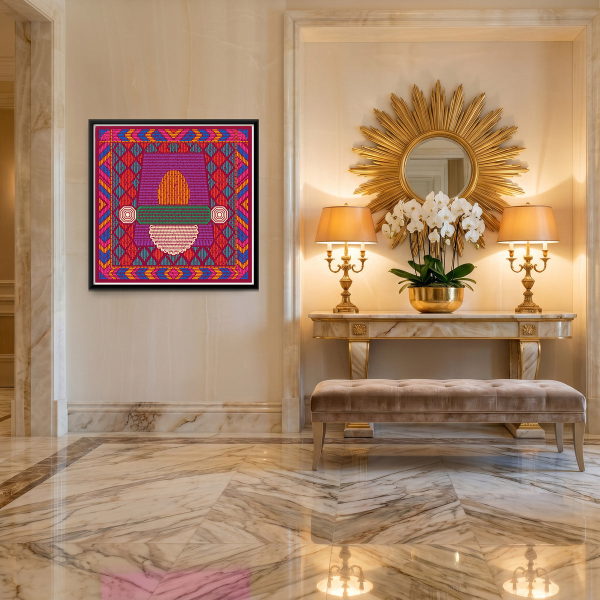 Sil Batta Grinding Stone - canvas art shown in a second room setting