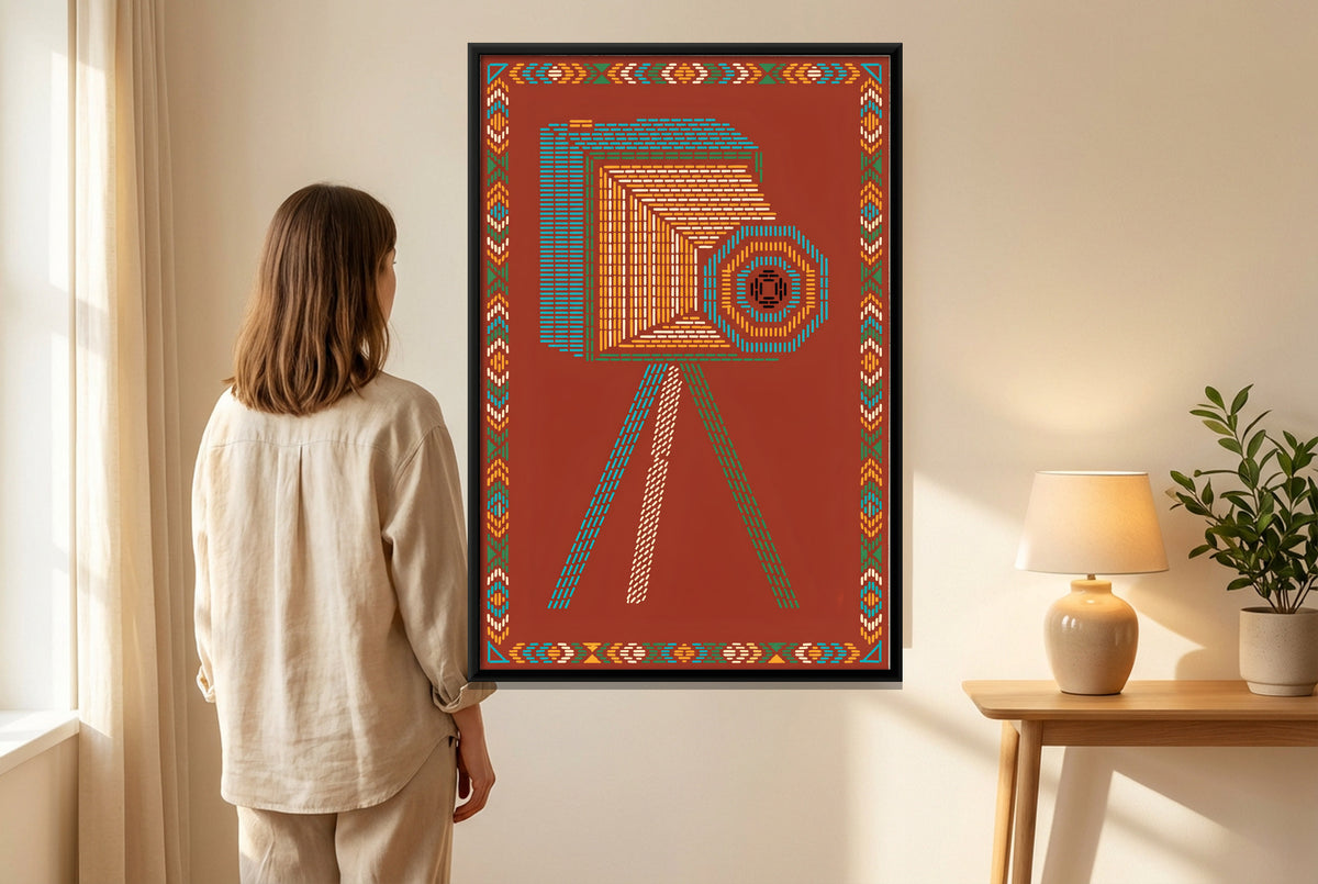 Bellows Camera on a Tripod - canvas art shown in a styled room