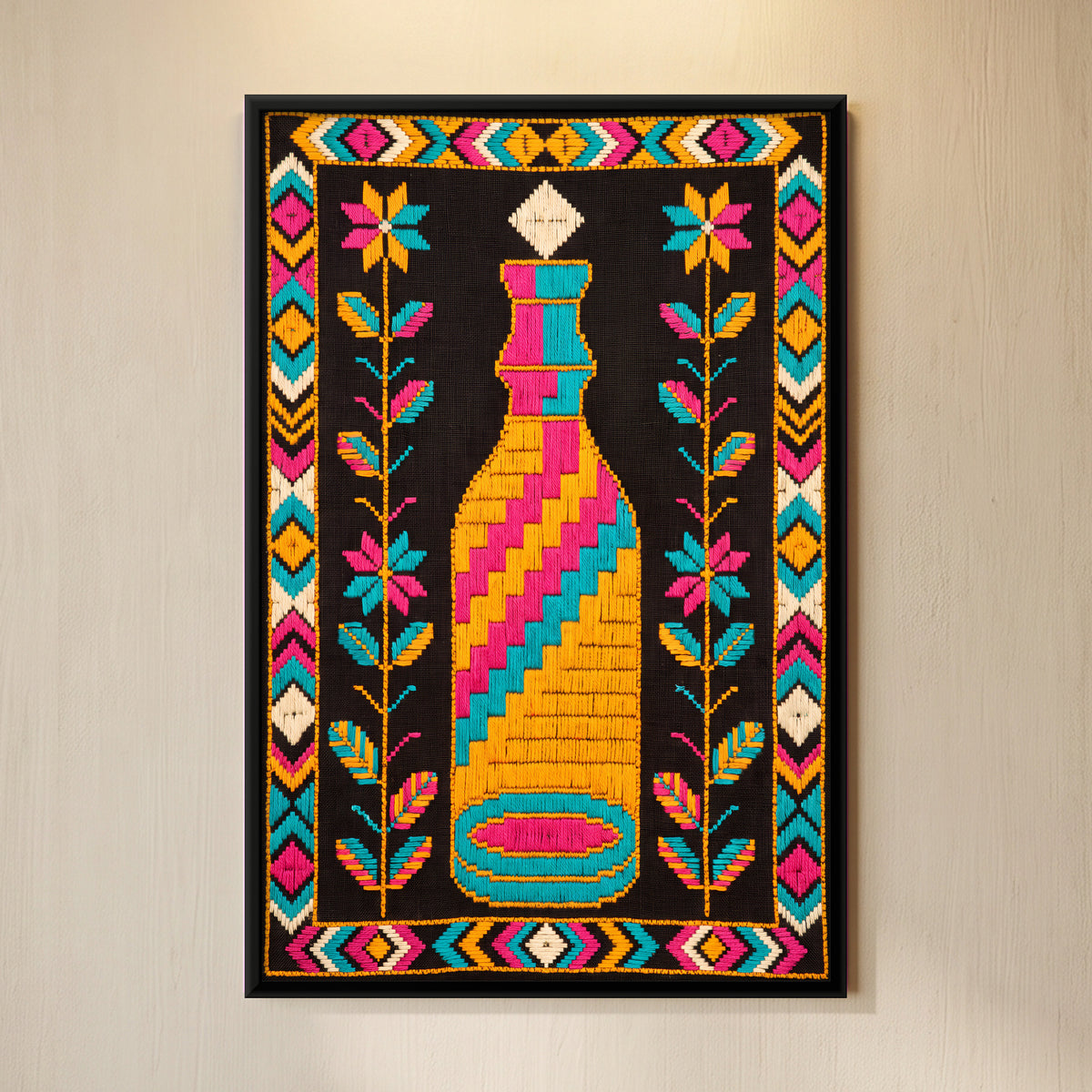 Bottle with Flowering Plants - framed canvas art hung on a wall