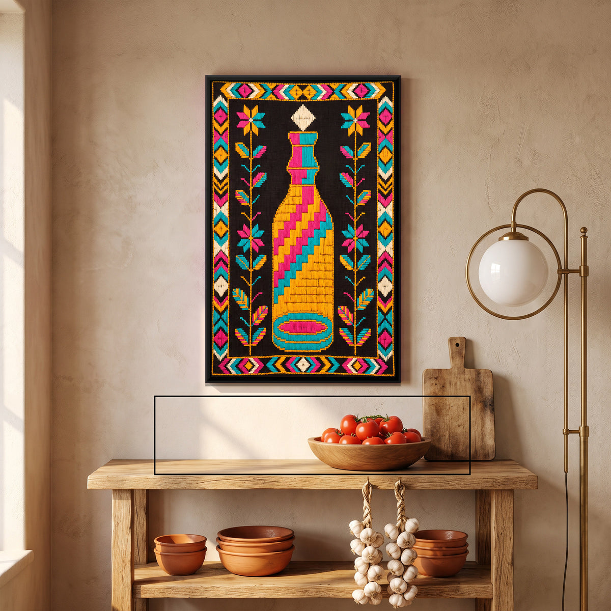 Bottle with Flowering Plants - canvas art shown in a second room setting