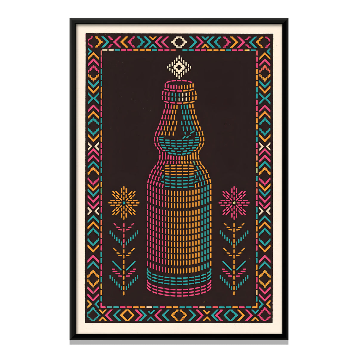 Glass Bottle with Flowers - framed canvas print, front view