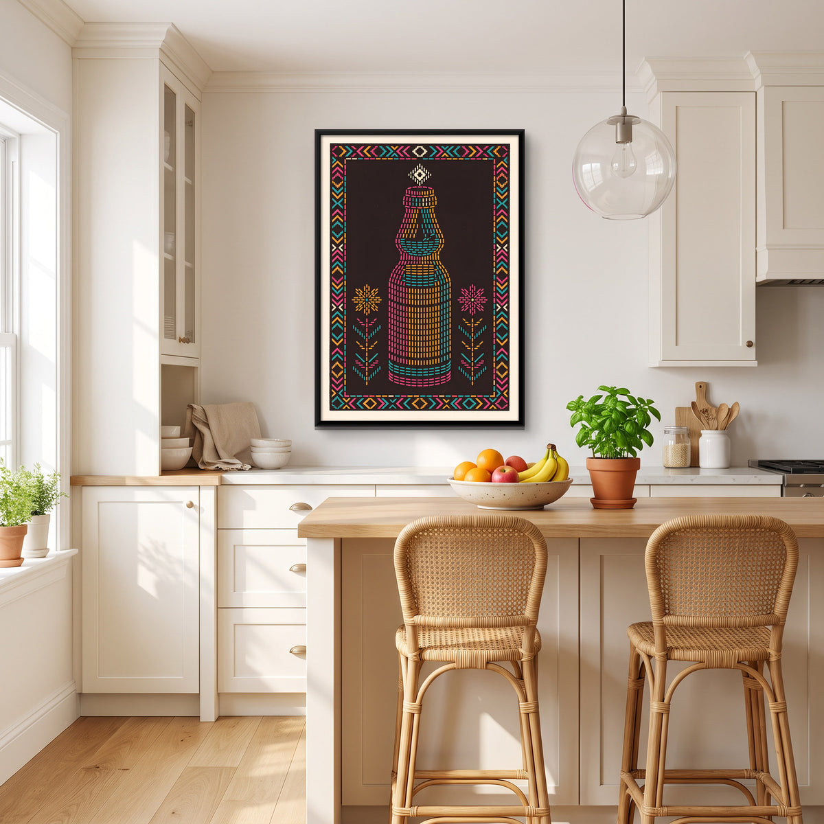 Glass Bottle with Flowers - canvas art shown in a second room setting