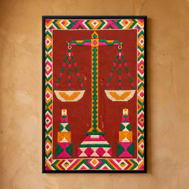 Weighing Scales and Weights - framed canvas art hung on a wall