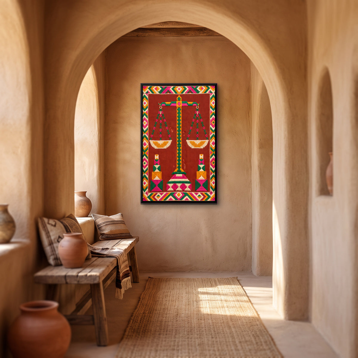 Weighing Scales and Weights - canvas art shown in a styled room
