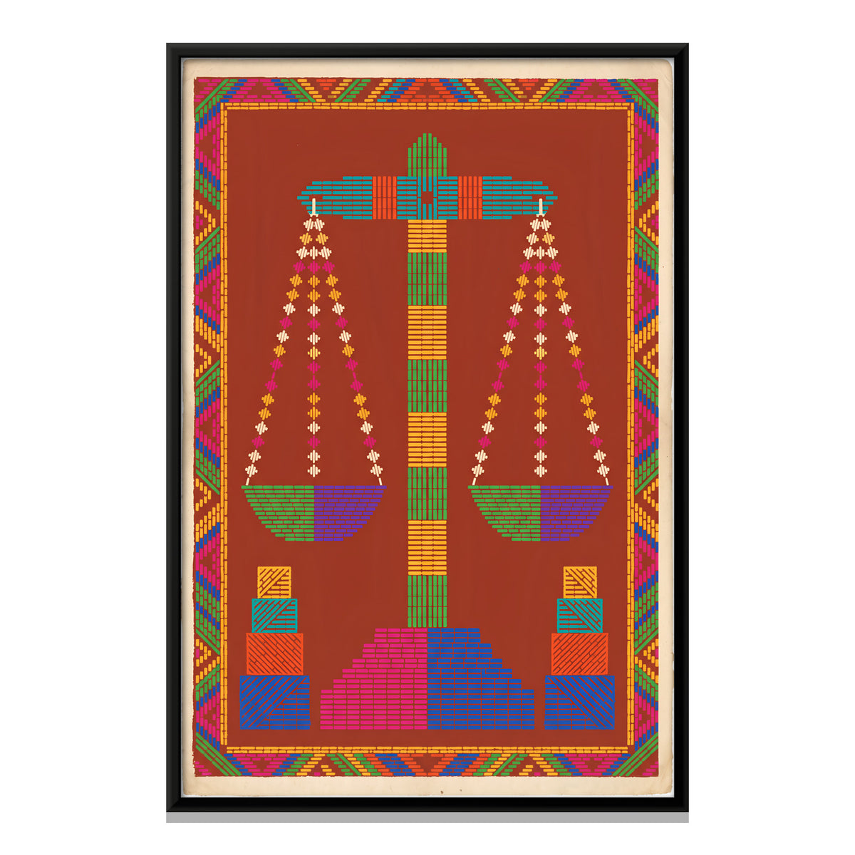 Balance Scales with Weights - framed canvas print, front view