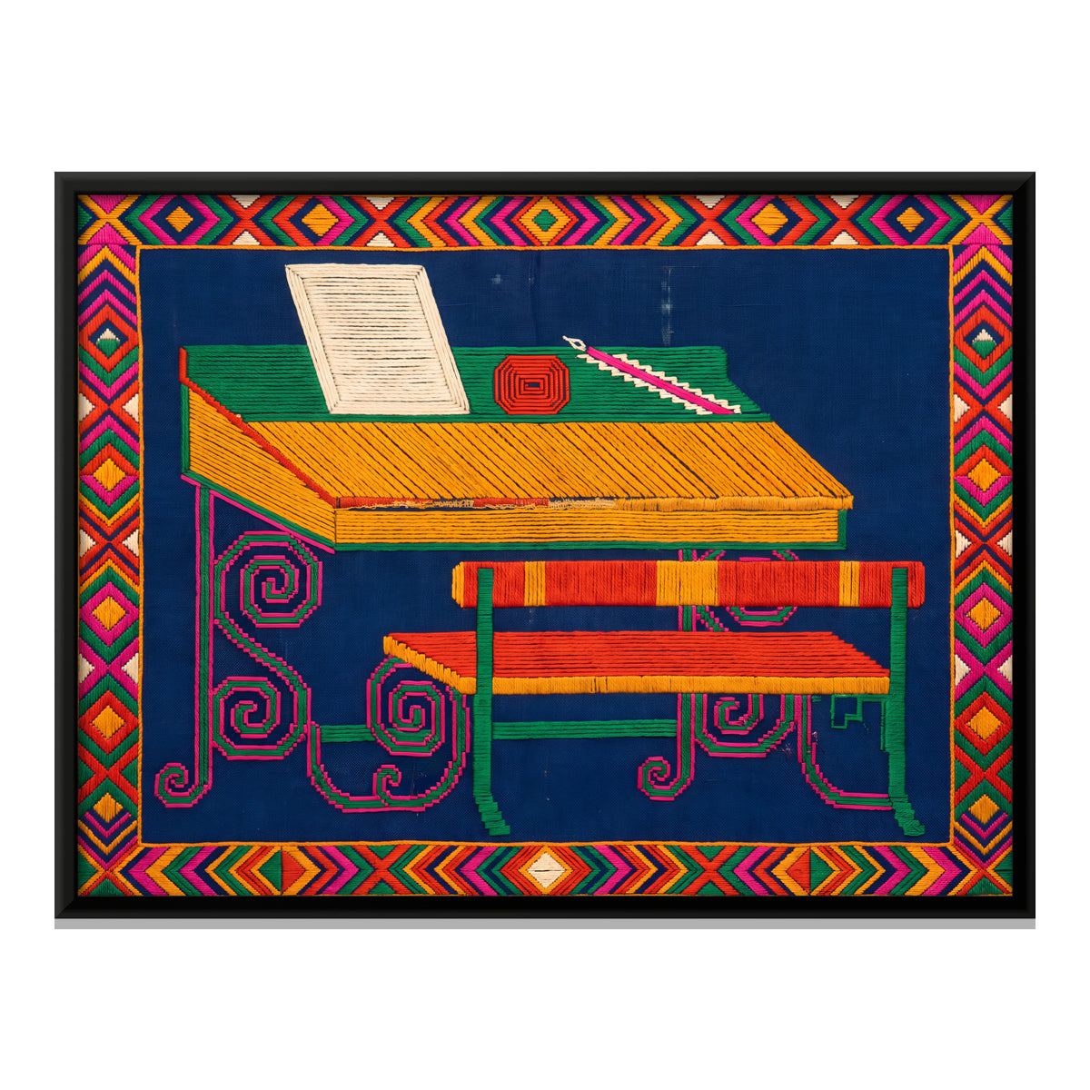 Writing Desk and Bench - framed canvas print, front view