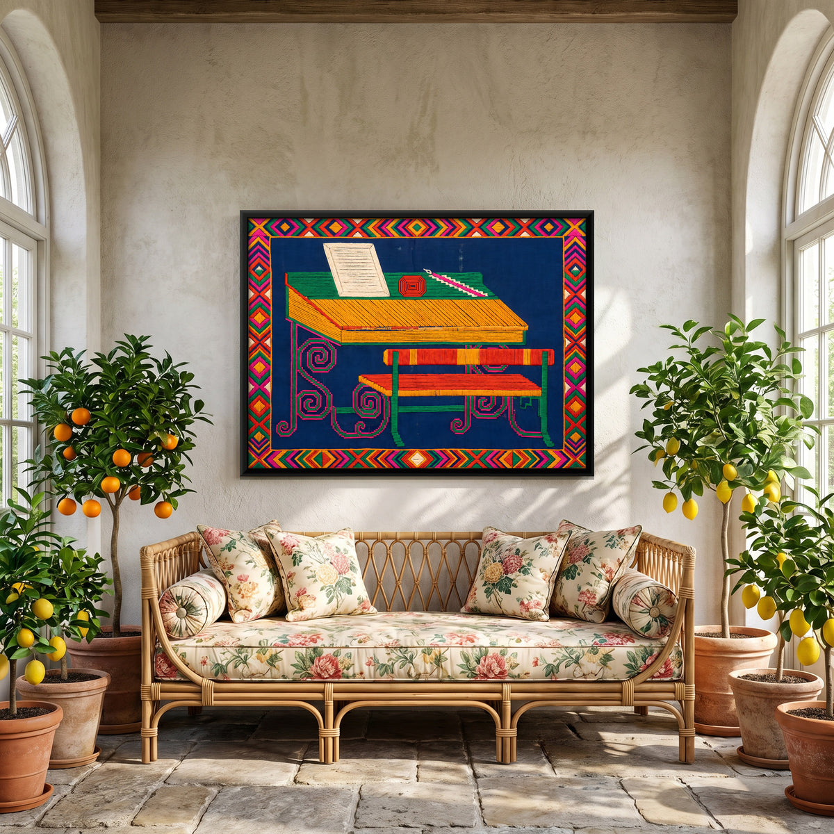 Writing Desk and Bench - canvas art shown in a styled room