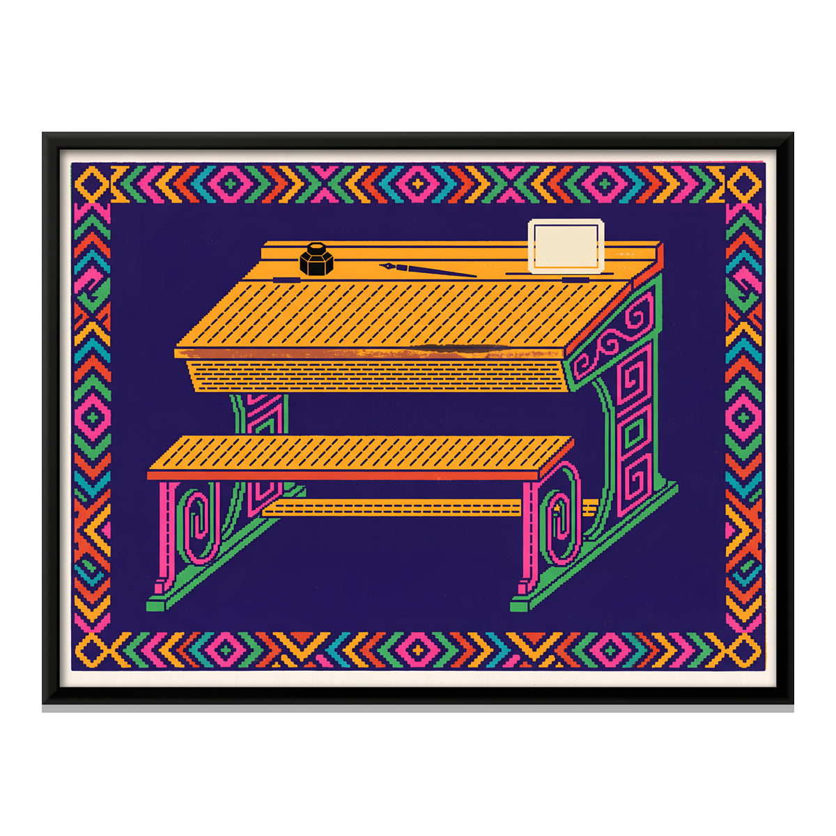 School Desk and Bench - framed canvas print, front view