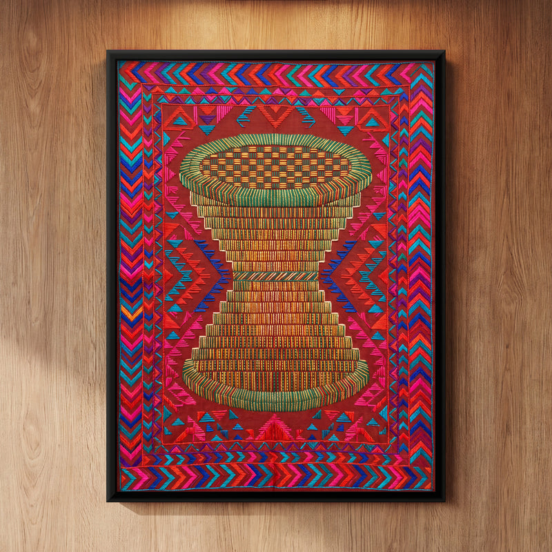 Woven Cane Stool - framed canvas art hung on a wall