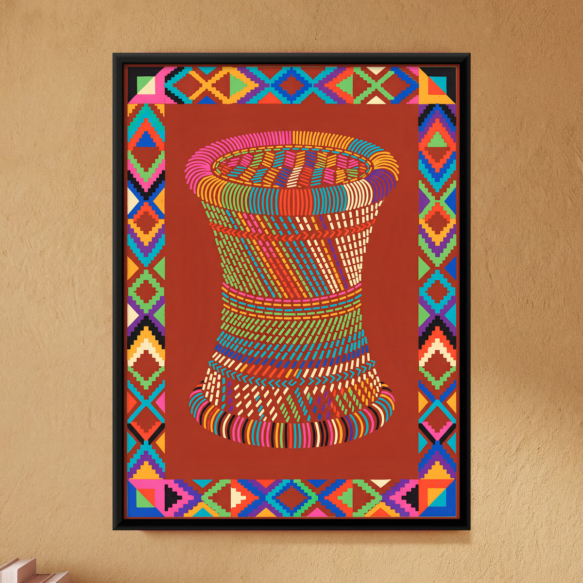 Woven Cane Stool - framed canvas art hung on a wall