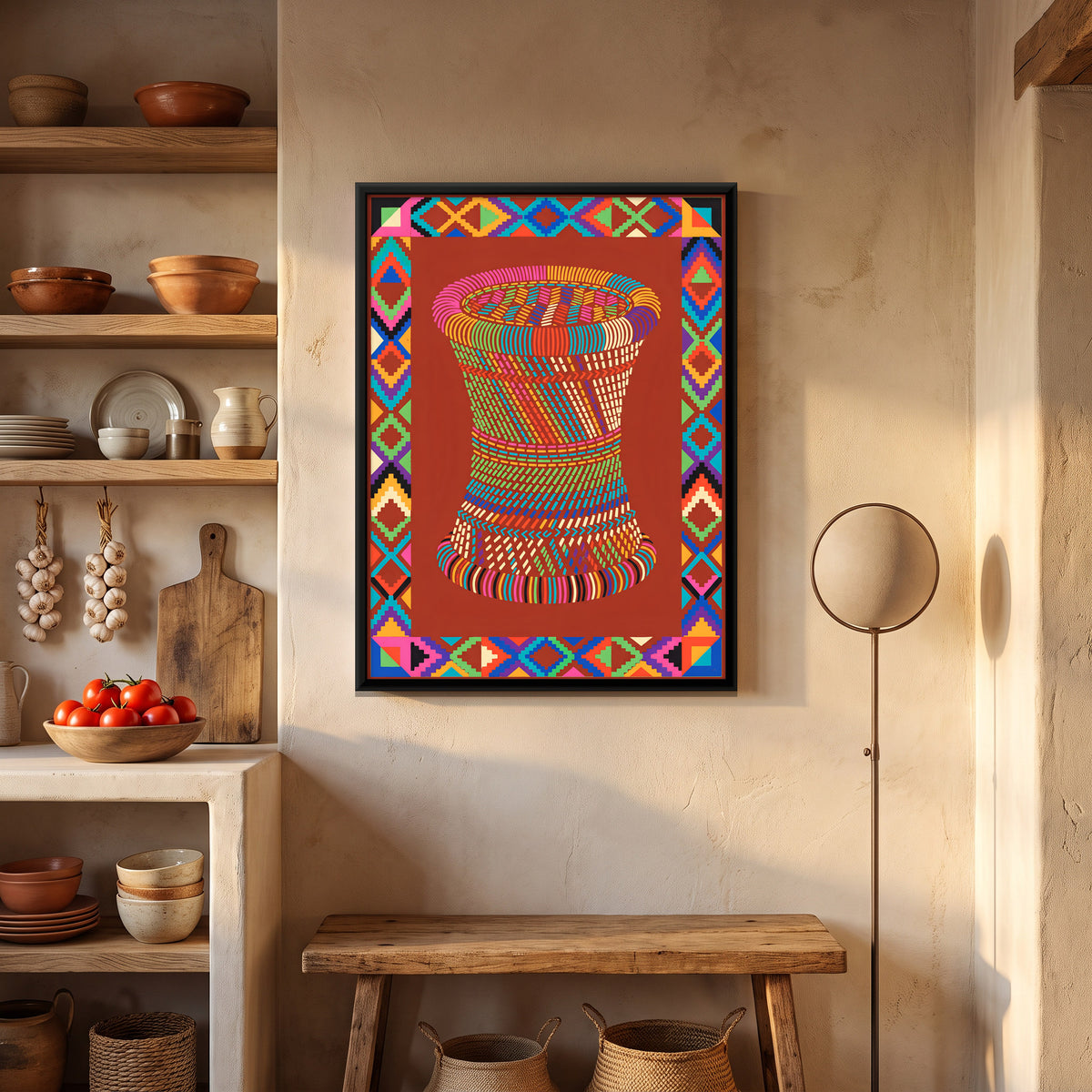 Woven Cane Stool - canvas art shown in a second room setting