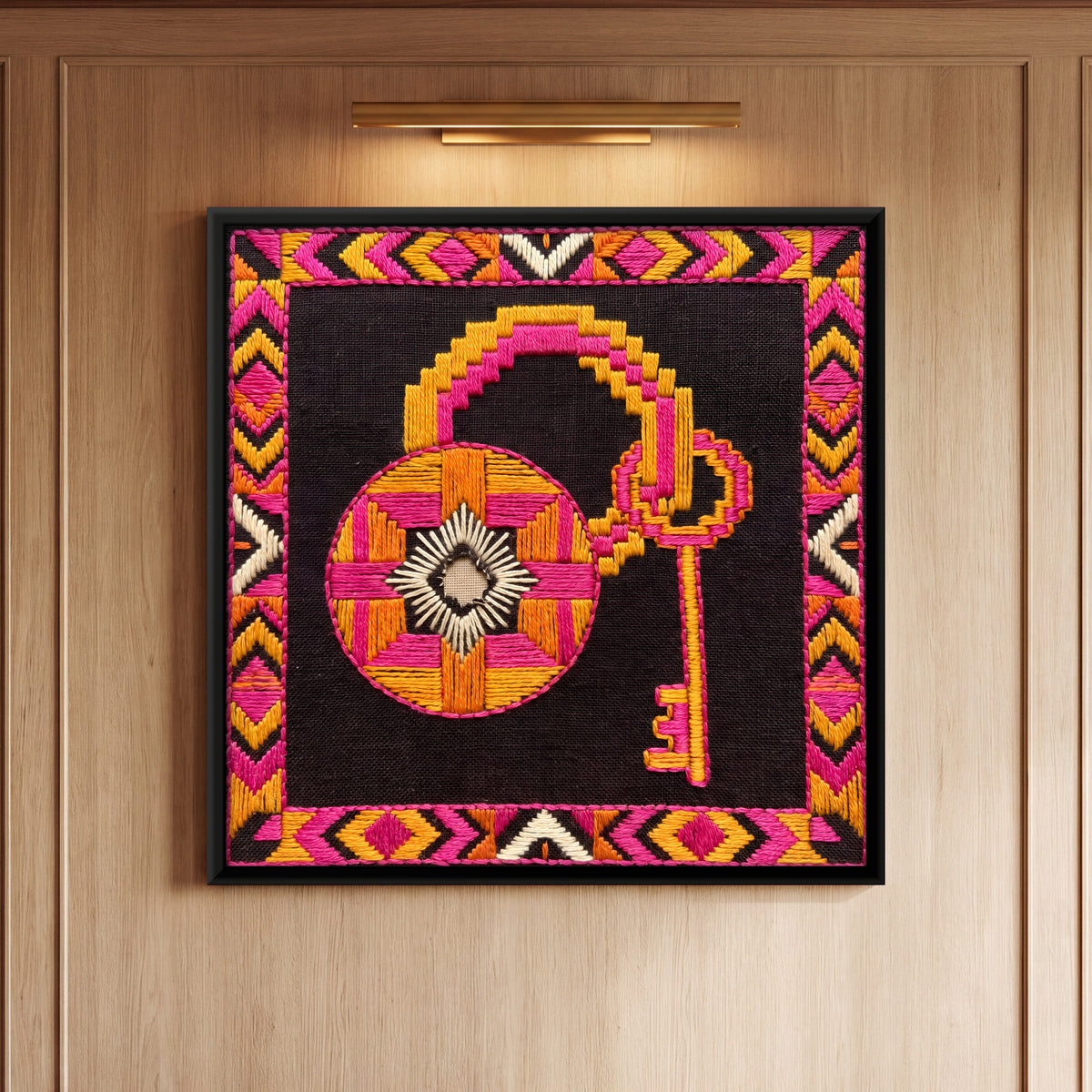 Padlock and Key - framed canvas art hung on a wall