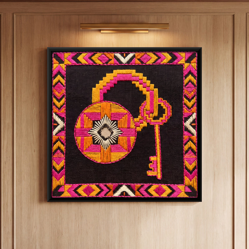 Padlock and Key - framed canvas art hung on a wall