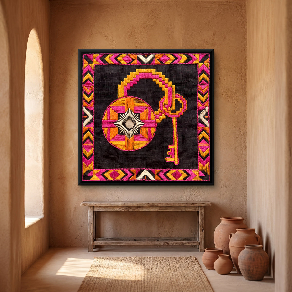 Padlock and Key - canvas art shown in a styled room