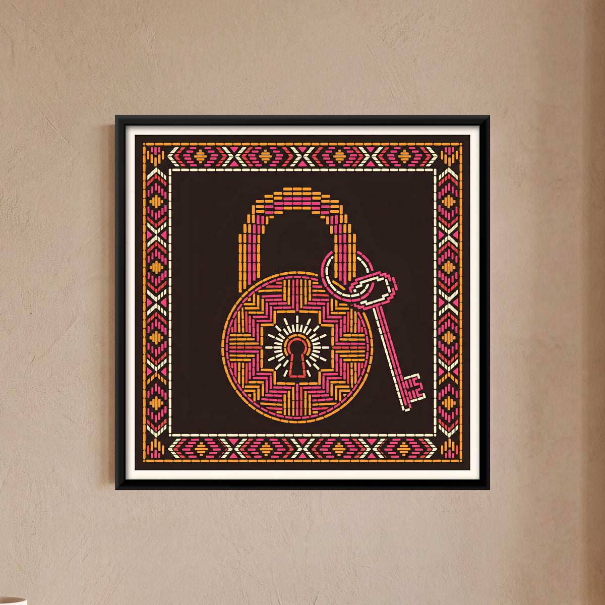 Padlock and Key - framed canvas art hung on a wall
