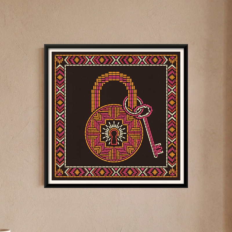 Padlock and Key - framed canvas art hung on a wall