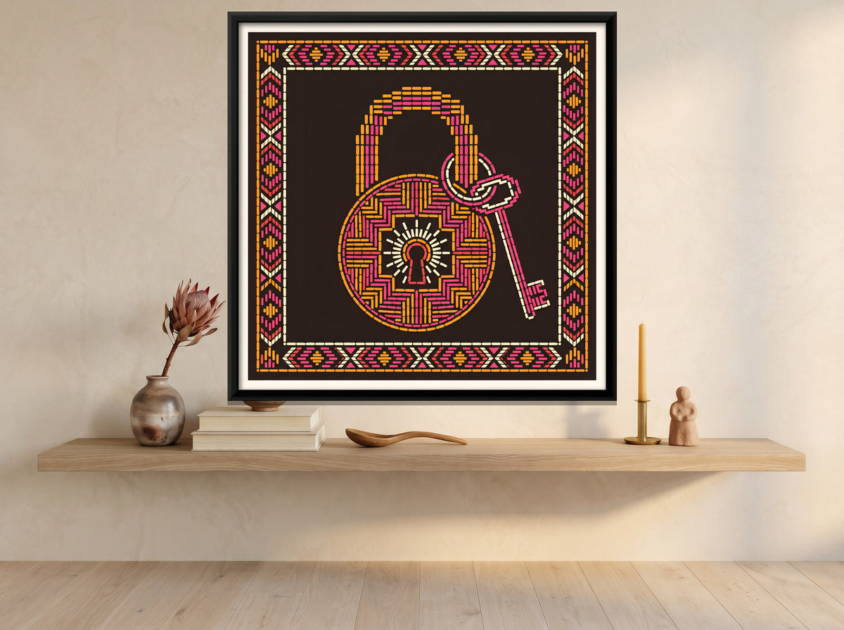 Padlock and Key - canvas art shown in a styled room