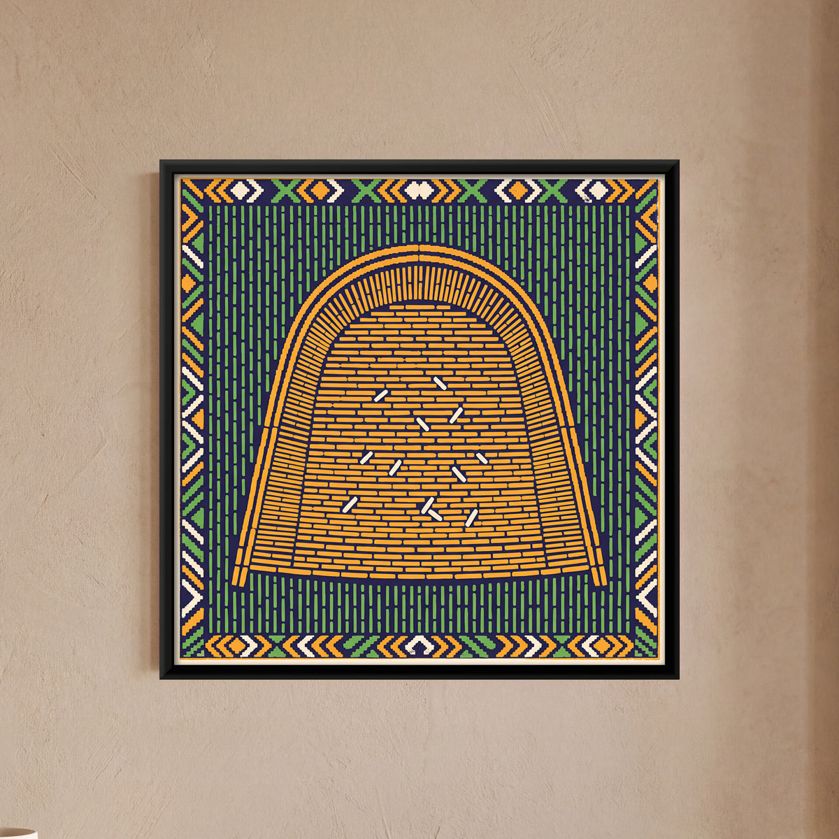 Winnowing Fan with Grain - framed canvas art hung on a wall