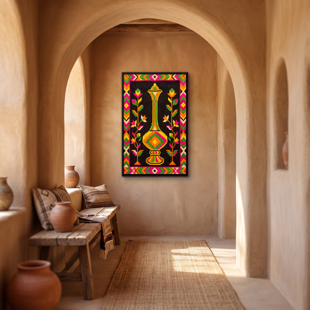 Surahi with Flowering Plants - canvas art shown in a styled room