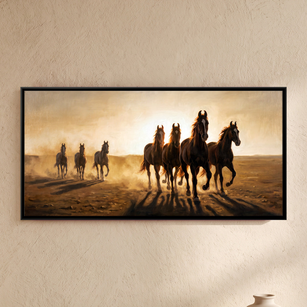 Seven Running Horses at Sunrise - framed canvas art hung on a wall