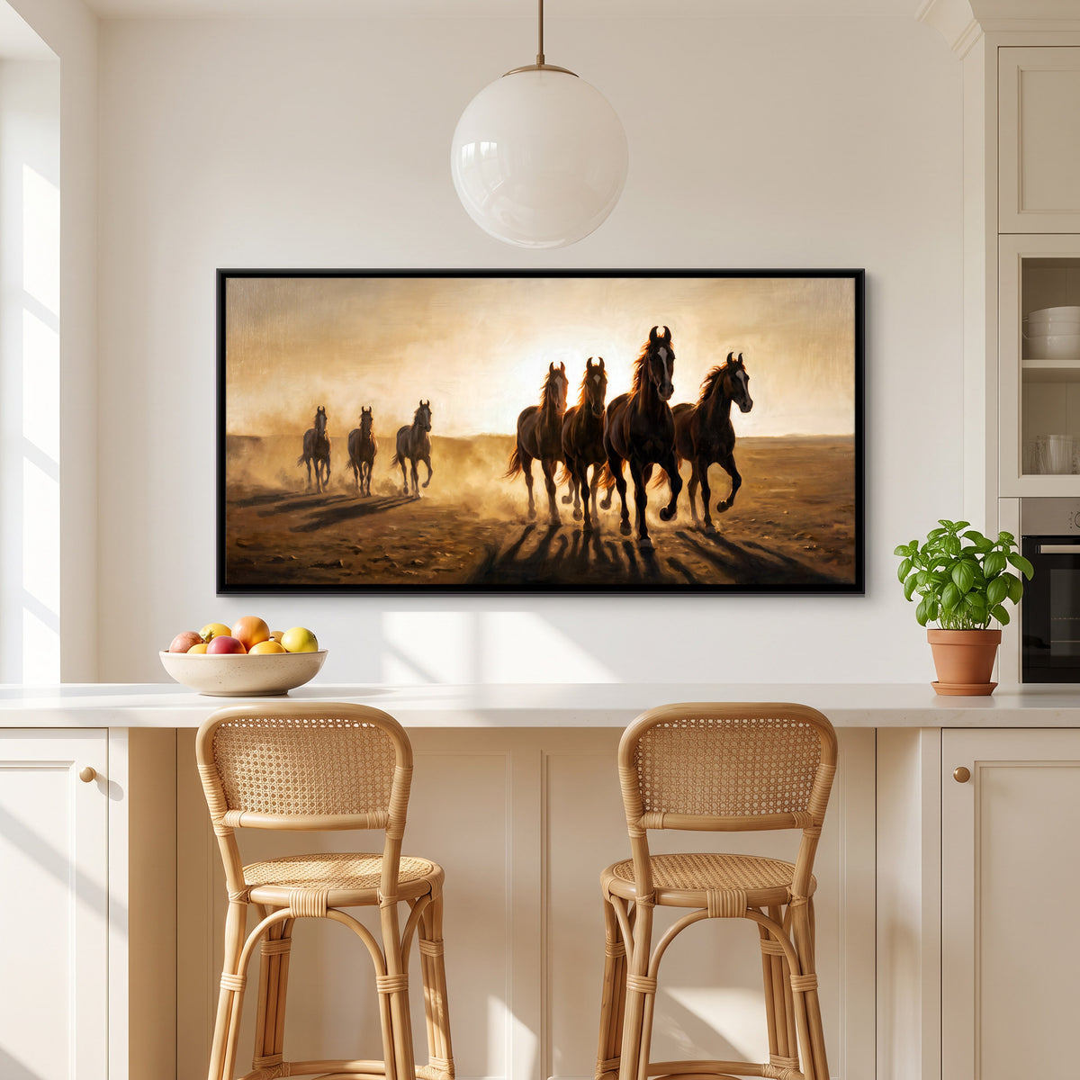 Seven Running Horses at Sunrise - canvas art shown in a second room setting