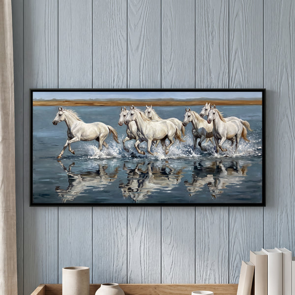 Seven White Horses Galloping Through Shallow Water