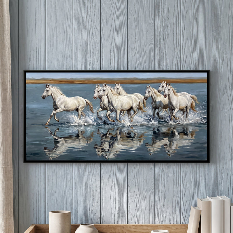 Seven White Horses Running Through Water - framed canvas art hung on a wall