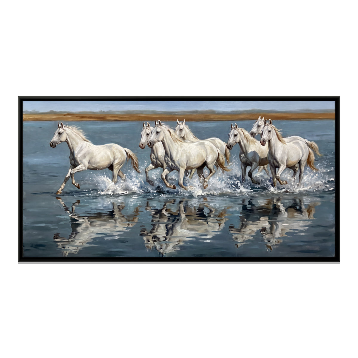 Seven White Horses Running Through Water - framed canvas print, front view