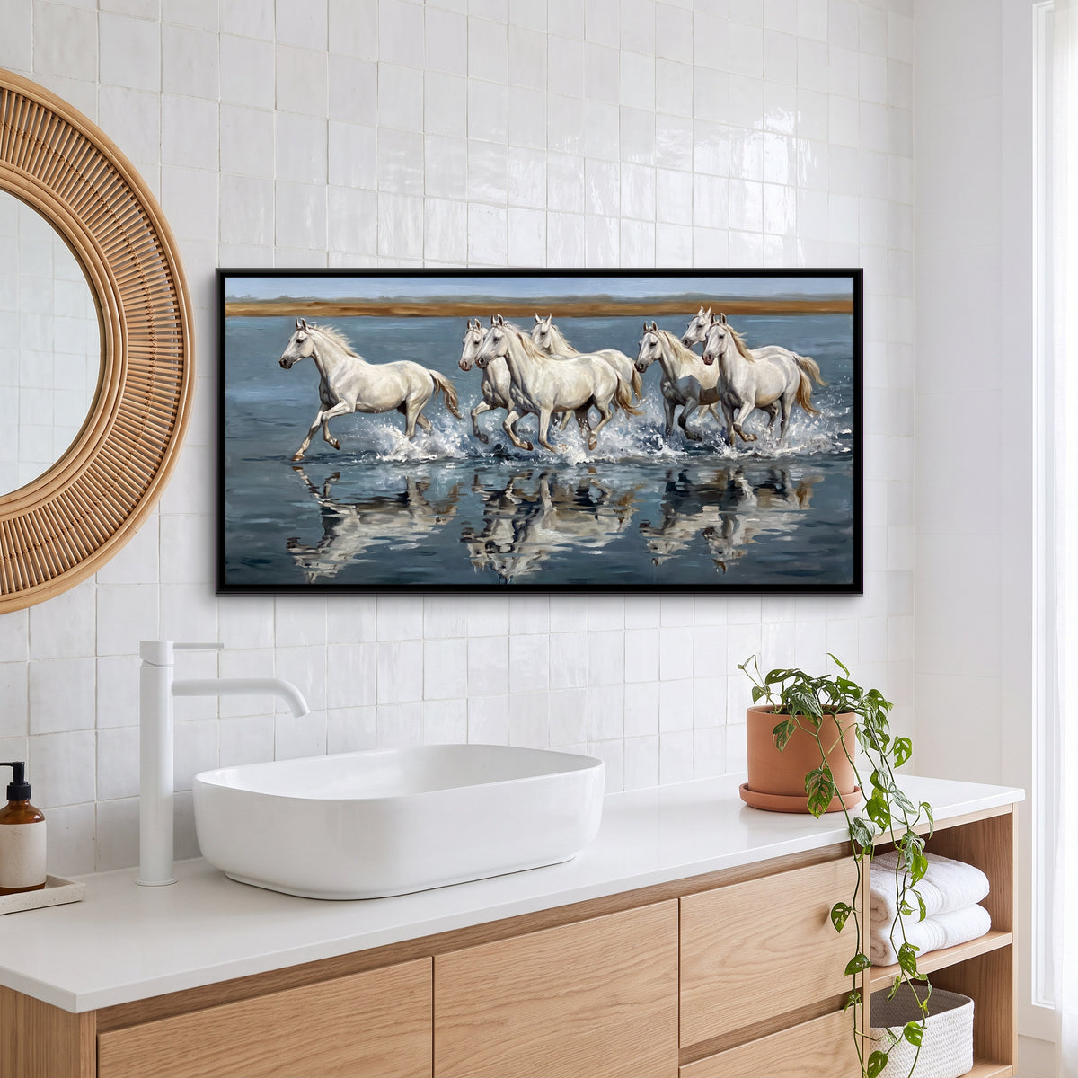 Seven White Horses Running Through Water - canvas art shown in a styled room