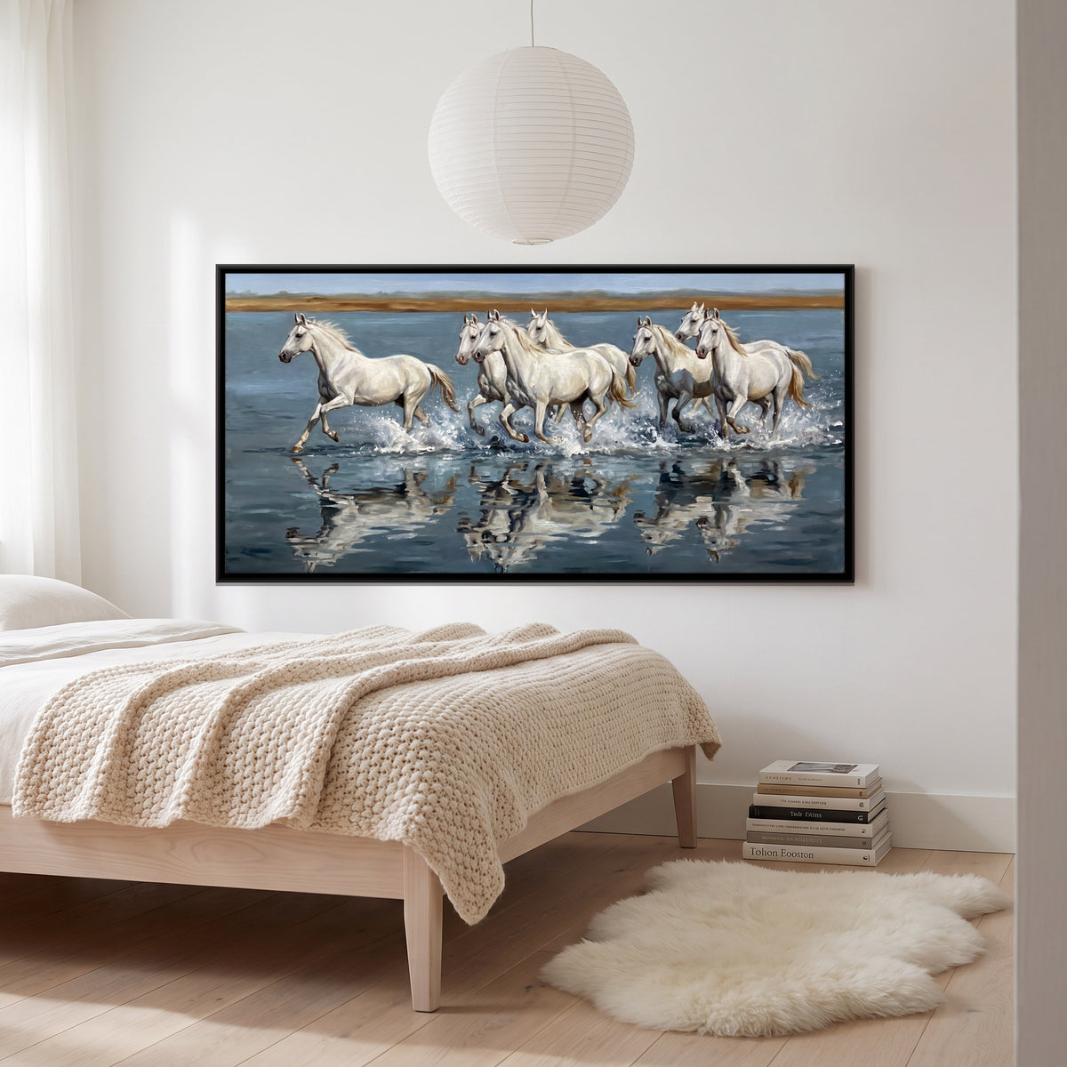 Seven White Horses Running Through Water - canvas art shown in a second room setting