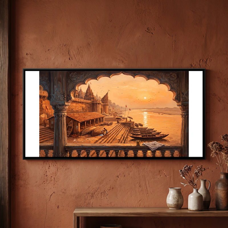 Ghats Through a Carved Arch - framed canvas art hung on a wall